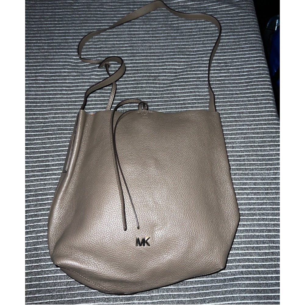 Michael Kors Pebble Leather Crossbody Bag Taupe Brown MK Logo Slouchy Hobo Tote